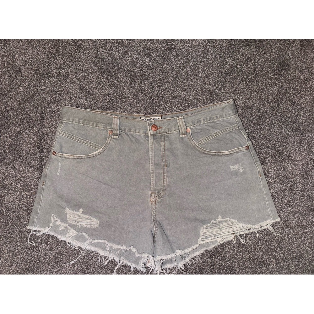 Free People We The Free Gray Distressed High-Rise Raw Denim Shorts